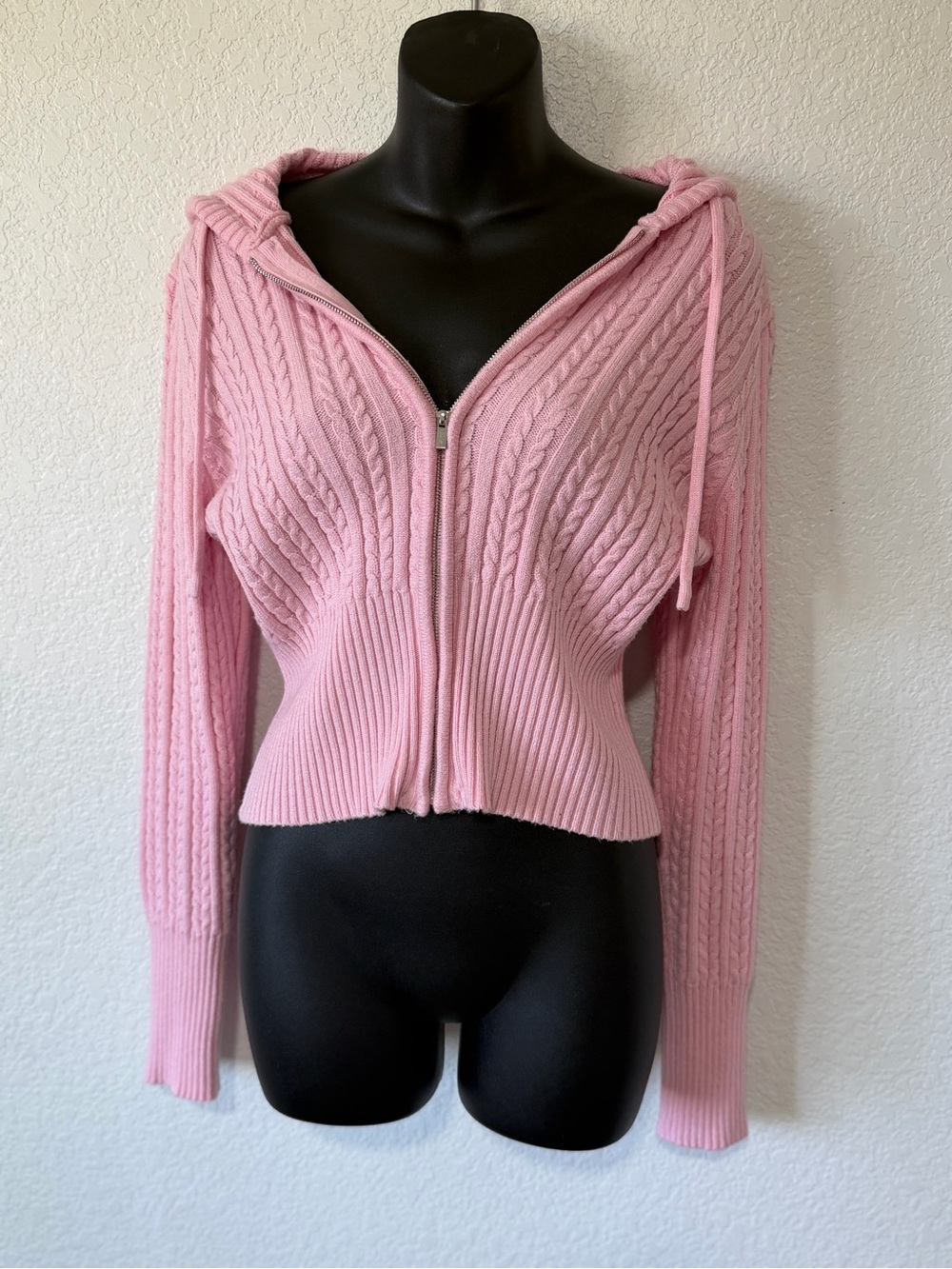 Soft Girl Baby Pink Cable Knit Zip-Up Hoodie Sweater